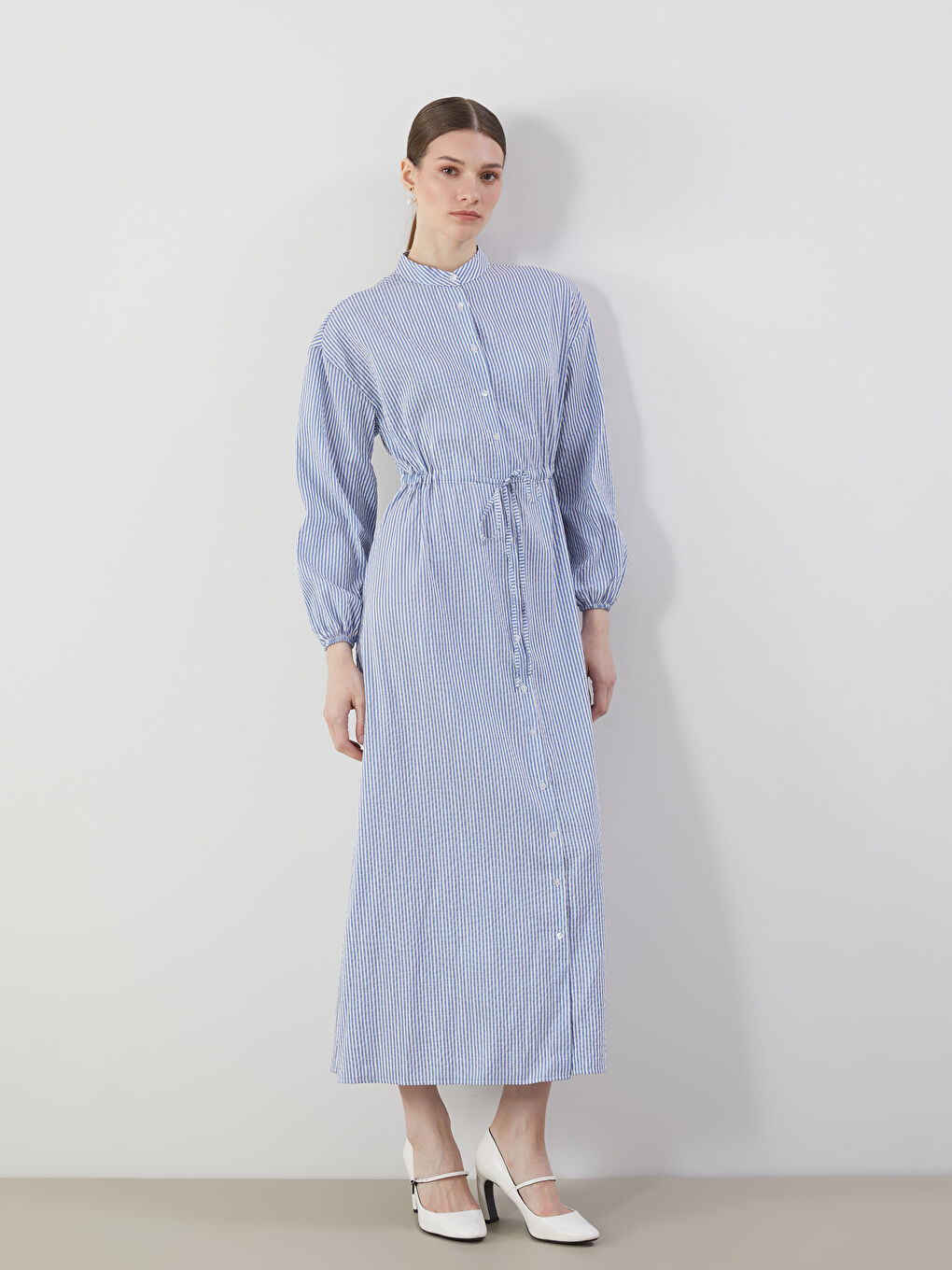 Grandad Collar Striped Women’S Shirt Dress -S5LK09Z8-LEN