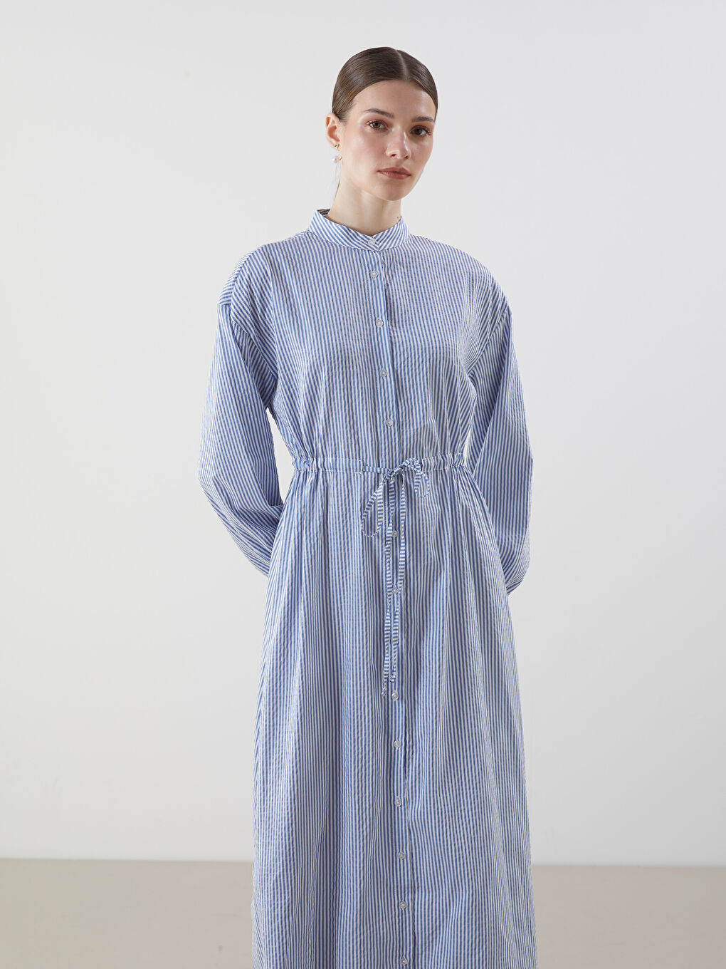 Grandad Collar Striped Women’S Shirt Dress -S5LK09Z8-LEN