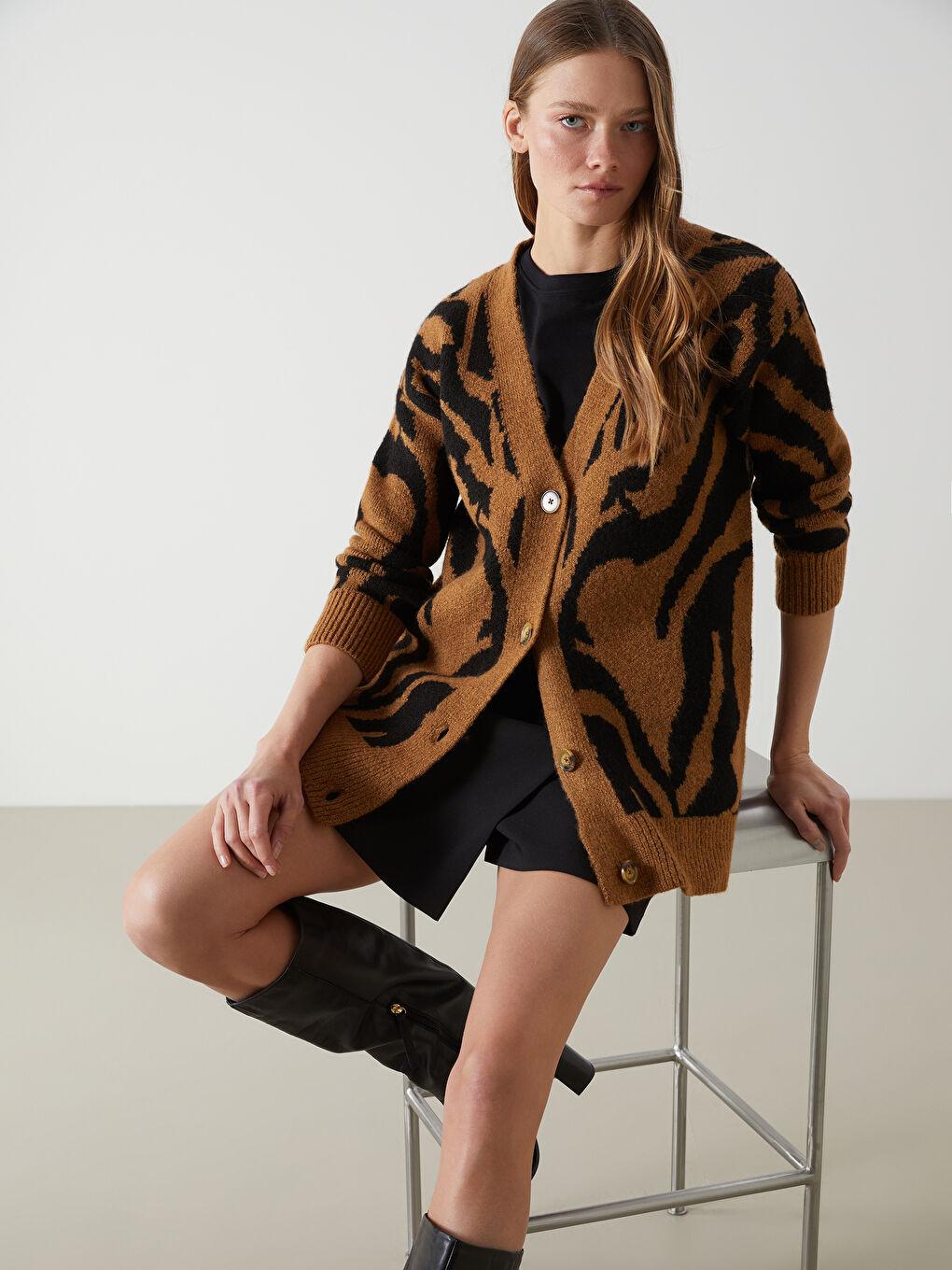 V Neck Patterned Long Sleeve Women's Tricot Cardigan -S5LK63Z8-HSK