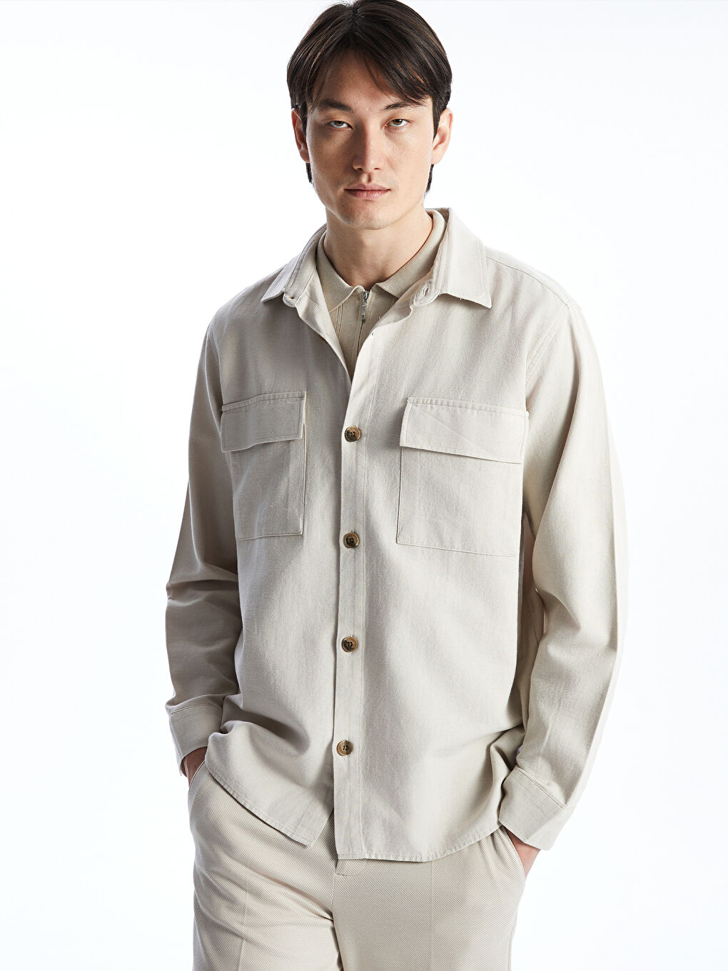 Bej Rahat Kalıp Uzun Kollu Erkek Gömlek Ceket