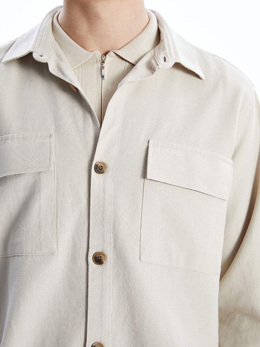 Bej Rahat Kalıp Uzun Kollu Erkek Gömlek Ceket-2