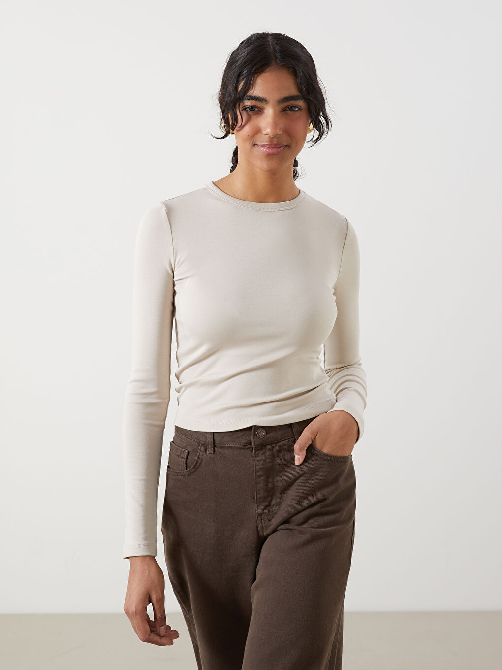 Bej Bisiklet Yaka Kadın Body