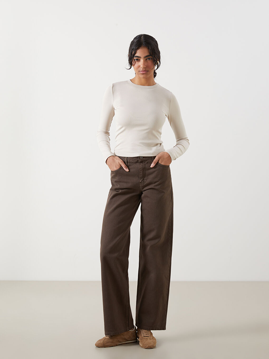 Bej Bisiklet Yaka Kadın Body-1