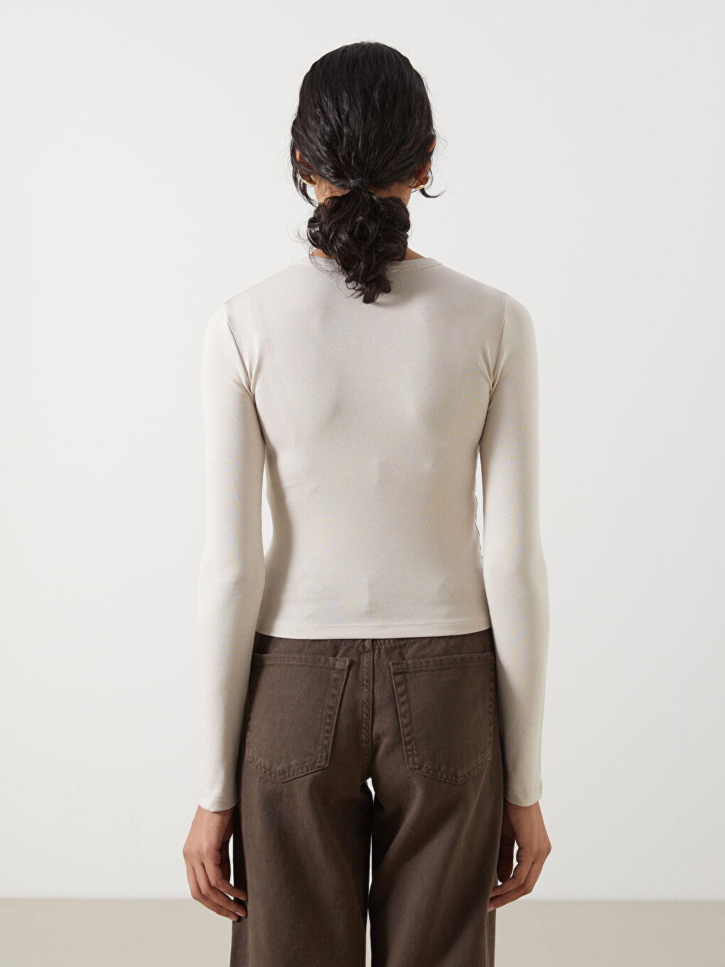 Bej Bisiklet Yaka Kadın Body-3