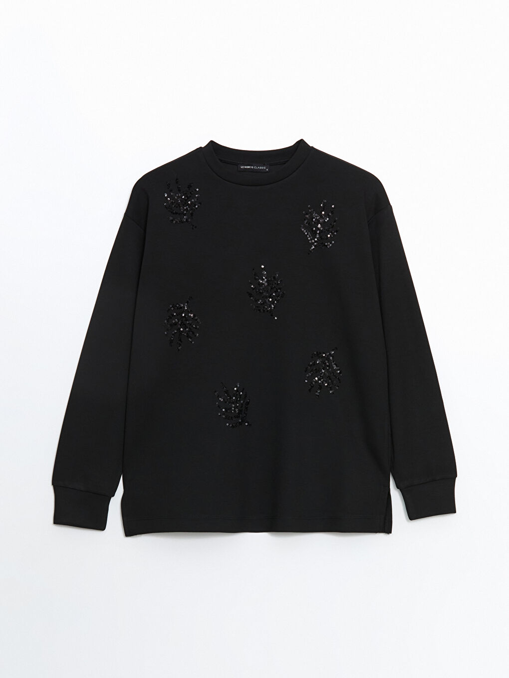 Siyah Bisiklet Yaka Pul İşlemeli Kadın Sweatshirt-4