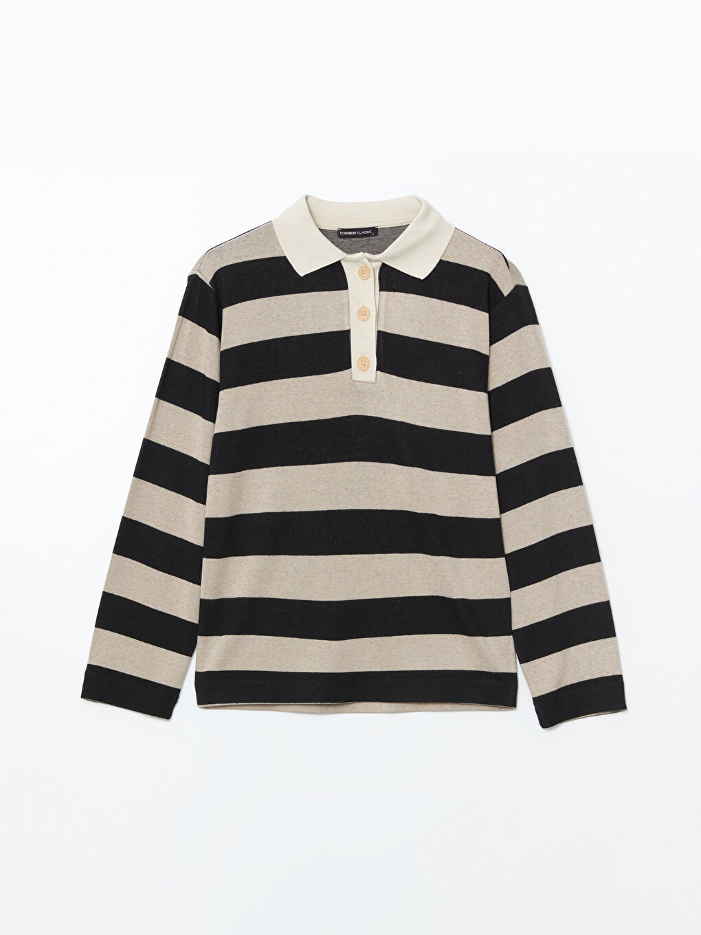 Bej Polo Yaka Çizgili Kadın Tişört-4