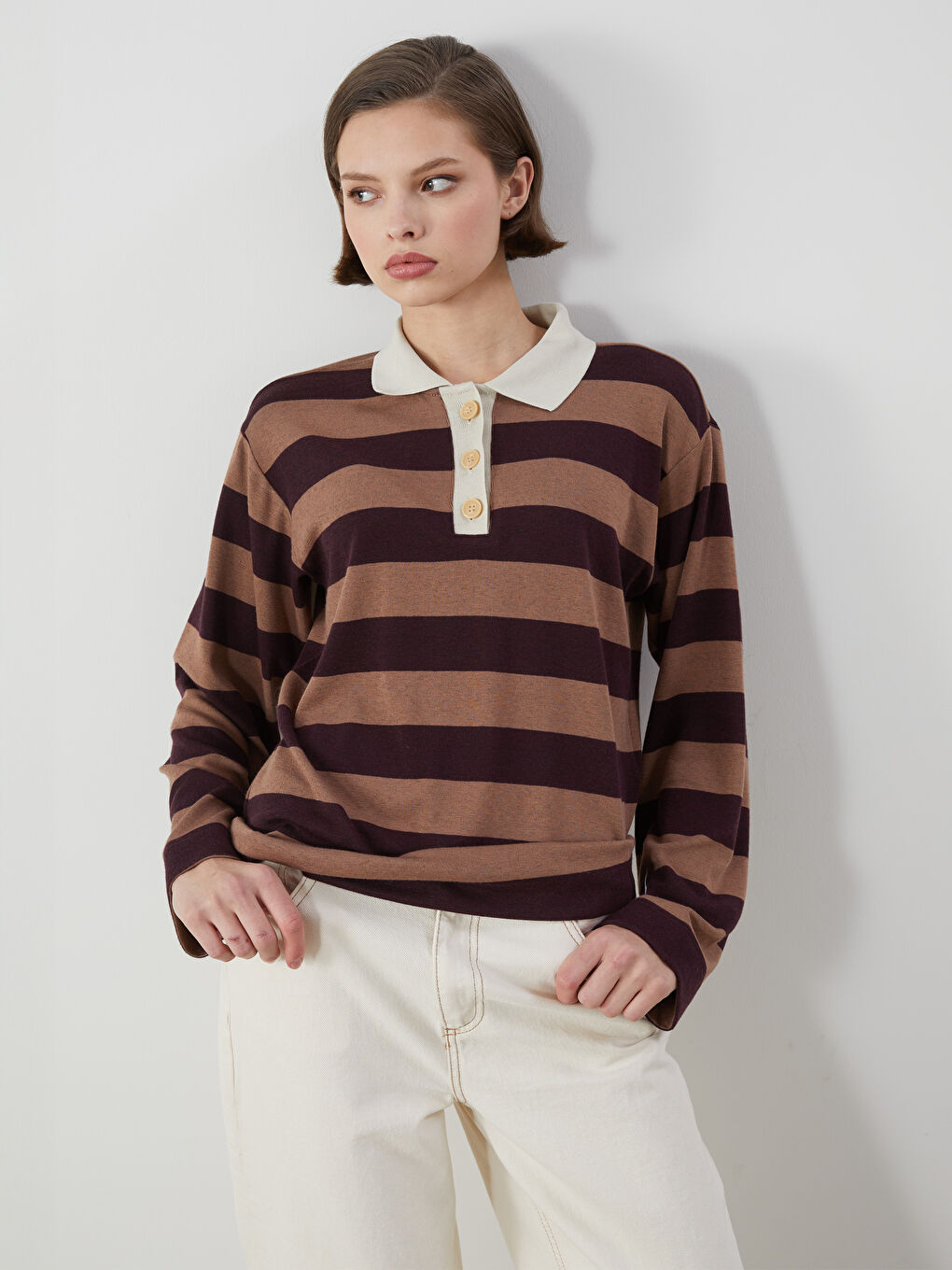 Bordo Polo Yaka Çizgili Kadın Tişört
