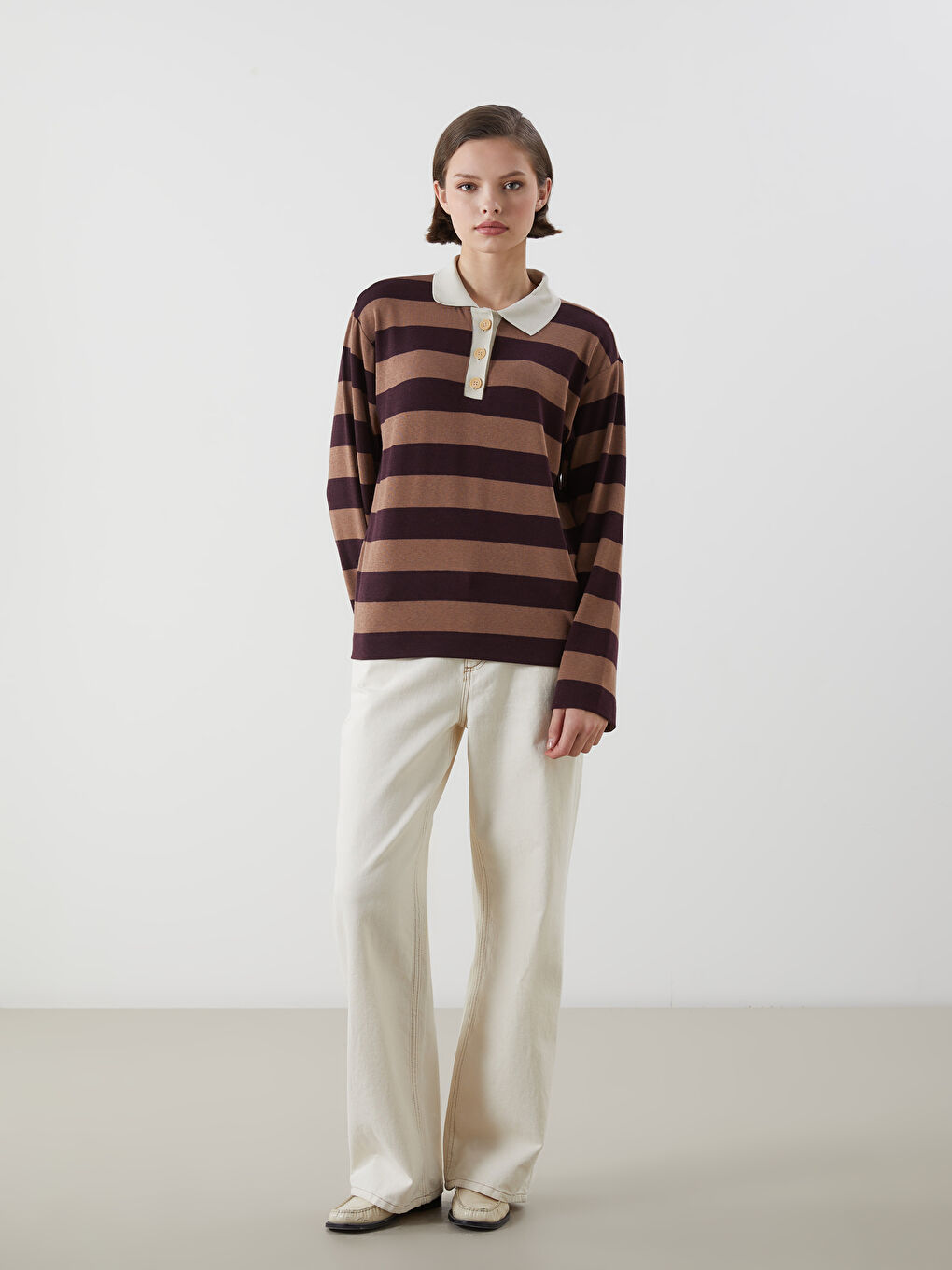 Bordo Polo Yaka Çizgili Kadın Tişört-1