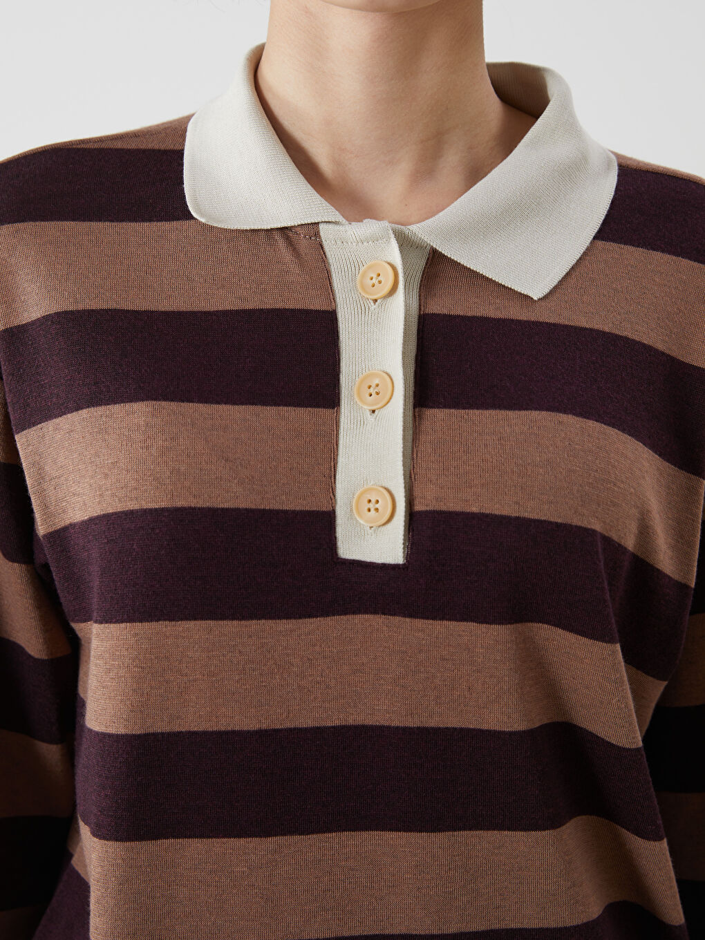 Bordo Polo Yaka Çizgili Kadın Tişört-2