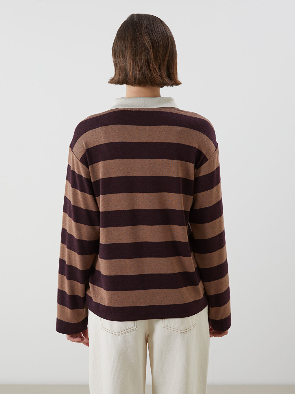 Bordo Polo Yaka Çizgili Kadın Tişört-3