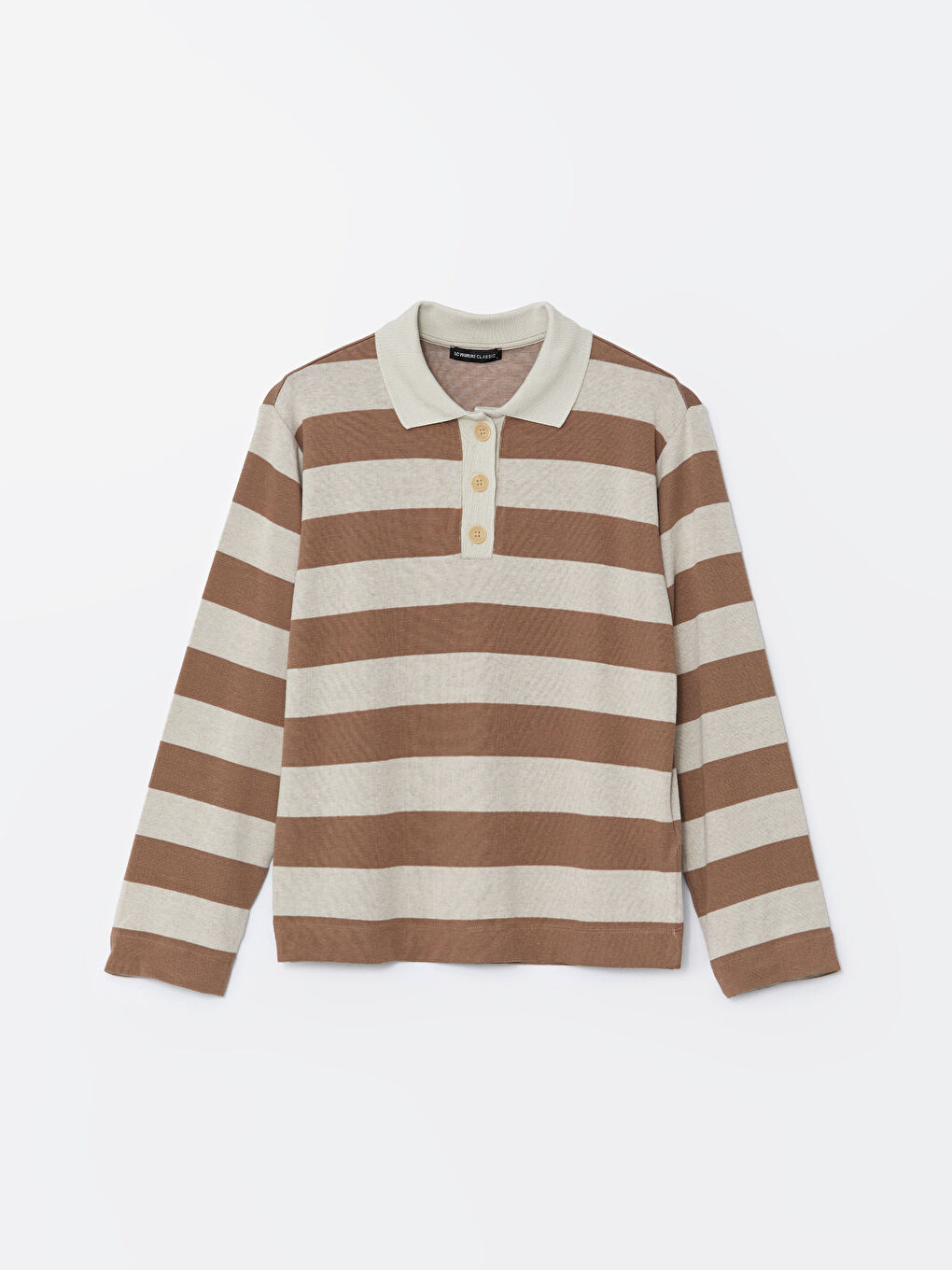 Kahverengi Polo Yaka Çizgili Kadın Tişört-4