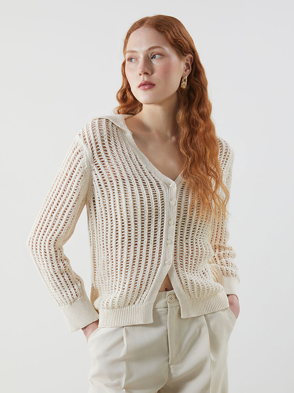Polo Neck Hole-Knitted Women's Knitwear Cardigan -S5LM58Z8-FDU