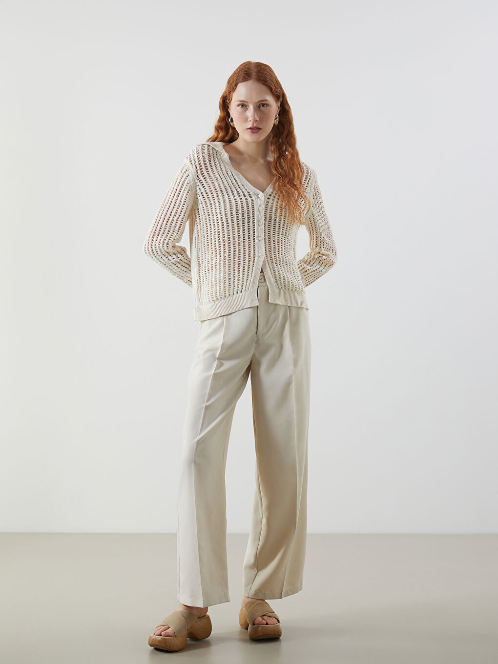 Polo Neck Hole-Knitted Women's Knitwear Cardigan -S5LM58Z8-FDU