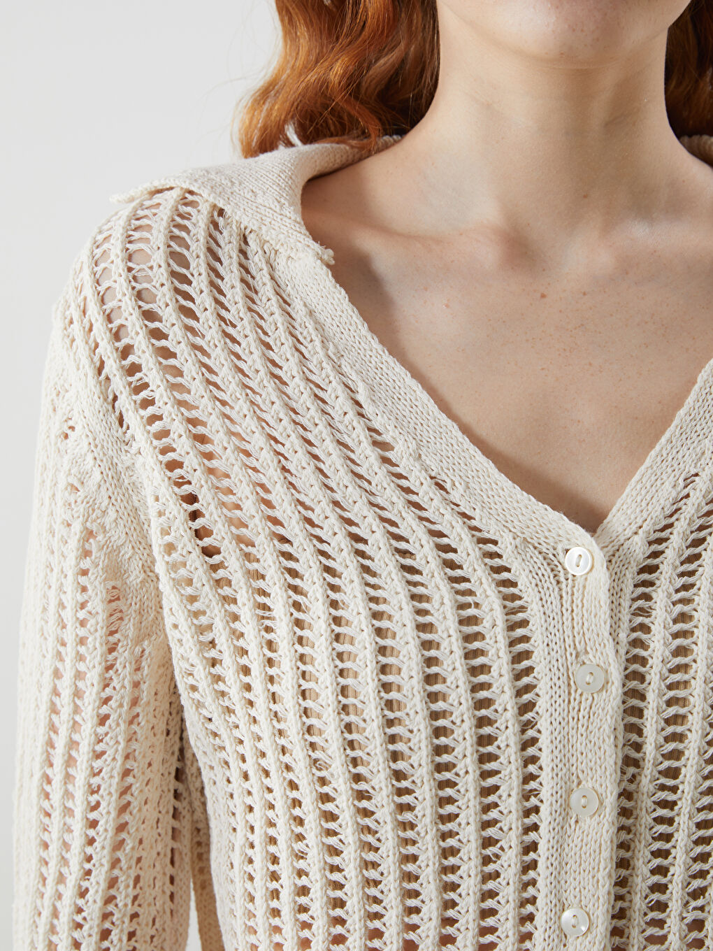 Polo Neck Hole-Knitted Women's Knitwear Cardigan -S5LM58Z8-FDU