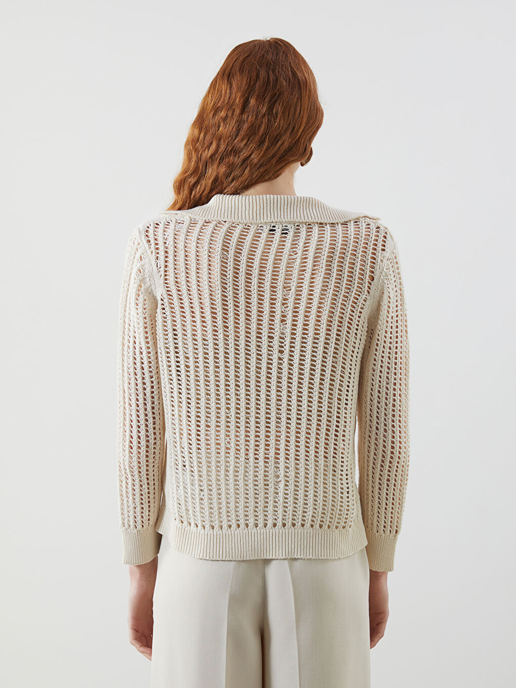 Polo Neck Hole-Knitted Women's Knitwear Cardigan -S5LM58Z8-FDU