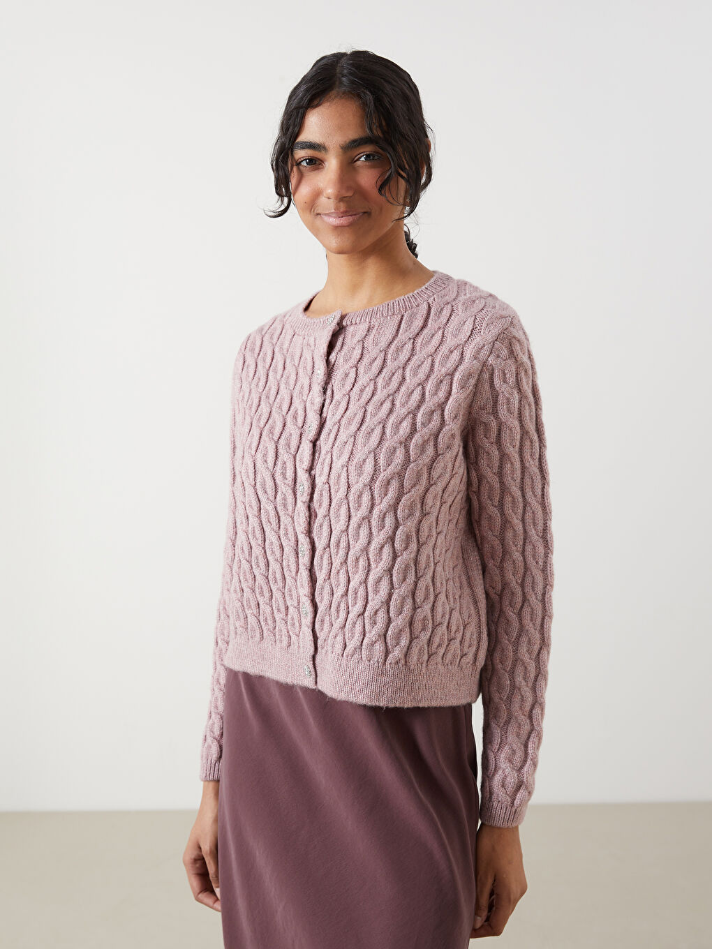 Crew Neck Self Patterned Long Sleeve Women's Tricot Cardigan -S5LM65Z8-YBX