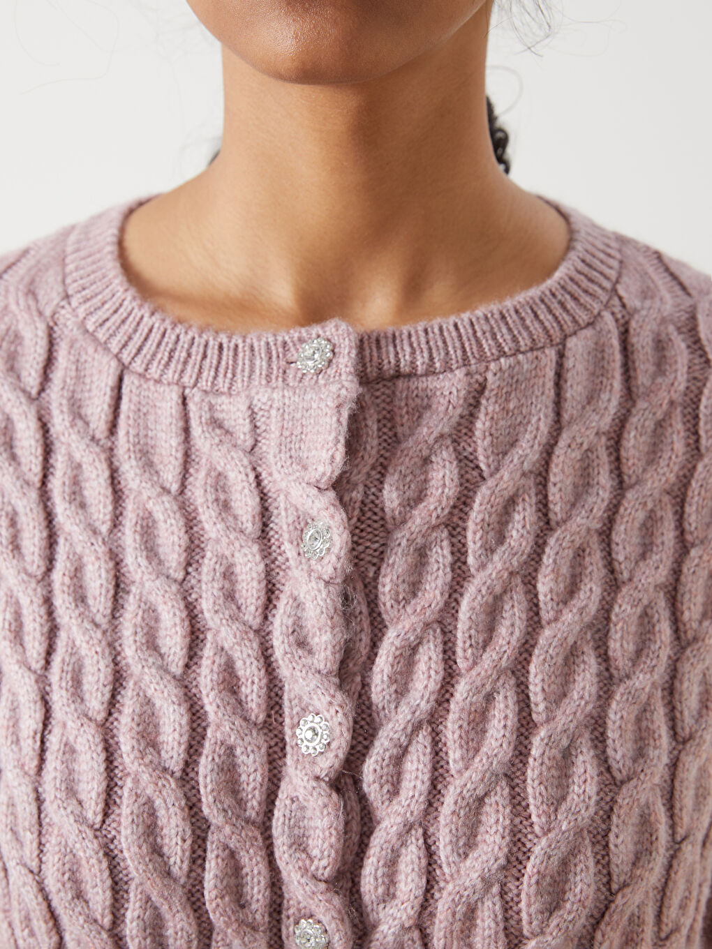 Crew Neck Self Patterned Long Sleeve Women's Tricot Cardigan -S5LM65Z8-YBX