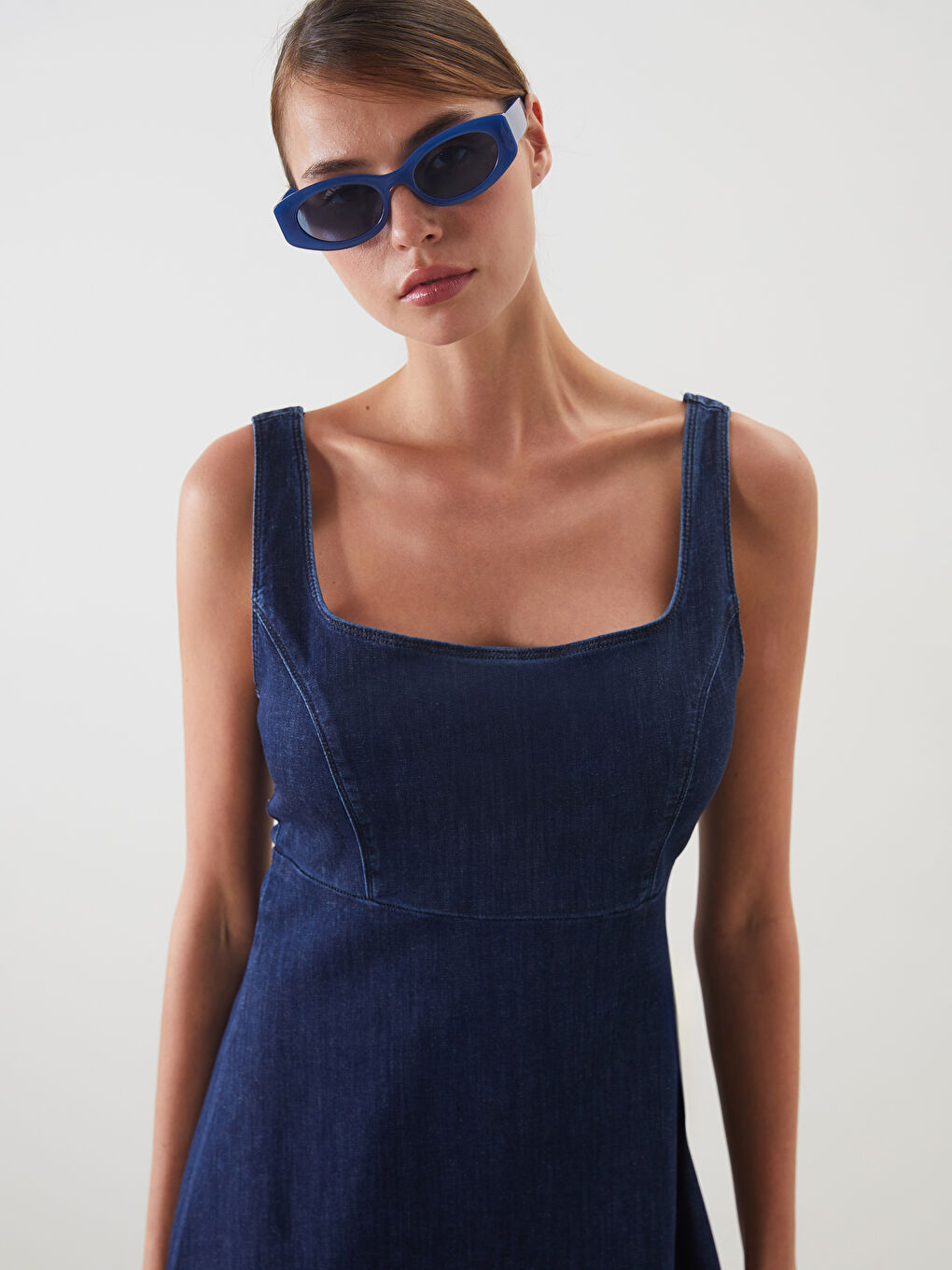 Square Collar Mini Denim Dress -S5LM70Z8-309