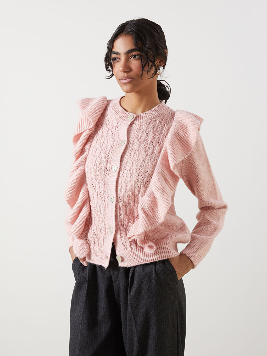 Crew Neck Self Patterned Long Sleeve Women's Tricot Cardigan -S5LM80Z8-FRP