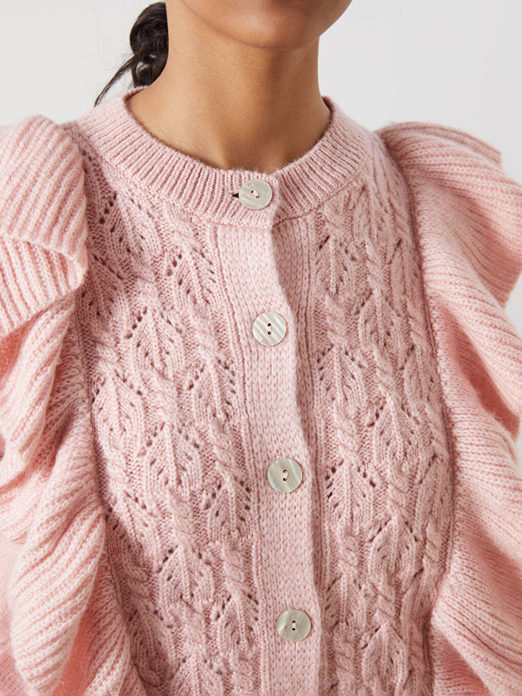 Crew Neck Self Patterned Long Sleeve Women's Tricot Cardigan -S5LM80Z8-FRP