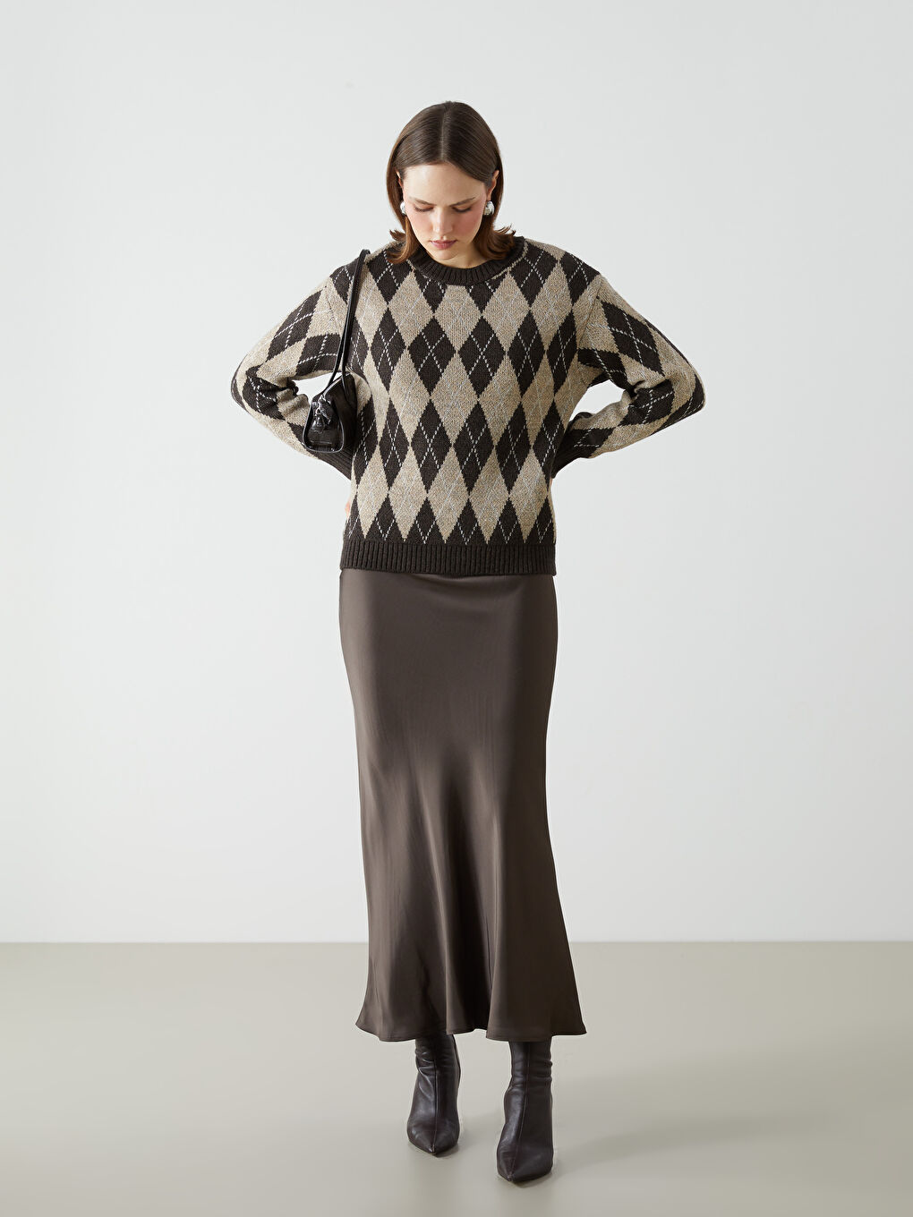 Crew Neck Diamond Patterned Women's Knitwear Sweater -S5LM86Z8-MJD