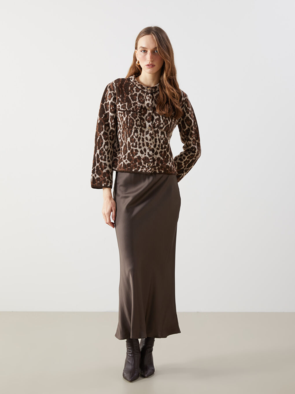 Crew Neck Leopard Print Women'S Knit Cardigan -S5LM87Z8-MJD