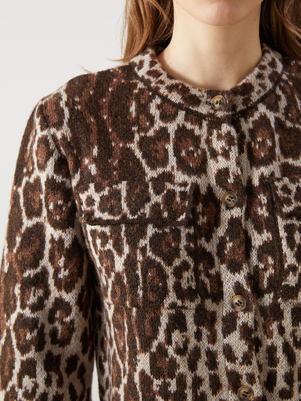 Crew Neck Leopard Print Women'S Knit Cardigan -S5LM87Z8-MJD