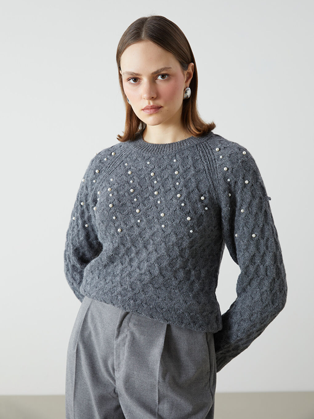 Crew Neck Beaded Women’S Knit Sweater -S5LM89Z8-D7H