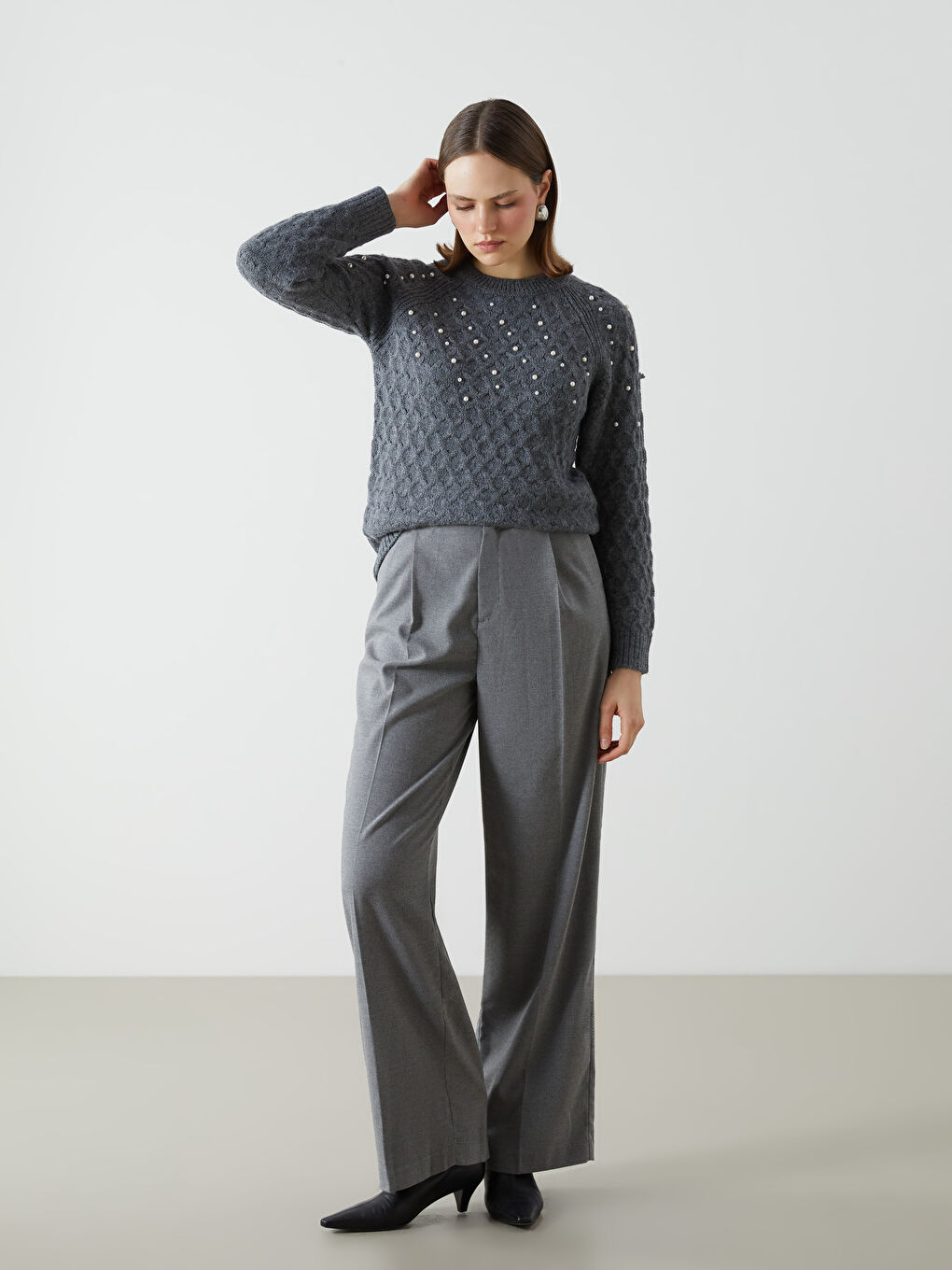 Crew Neck Beaded Women’S Knit Sweater -S5LM89Z8-D7H