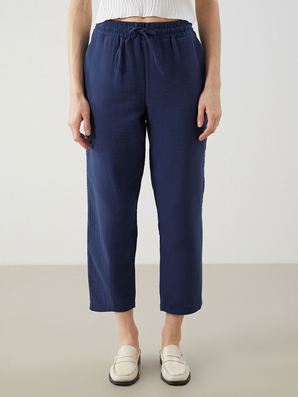 Elastic Waist Straight Muslin Women's Trousers -S5LN03Z8-CVM