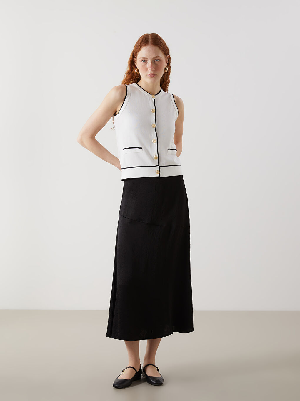 Ekru Bisiklet Yaka Kadın Triko Yelek-1