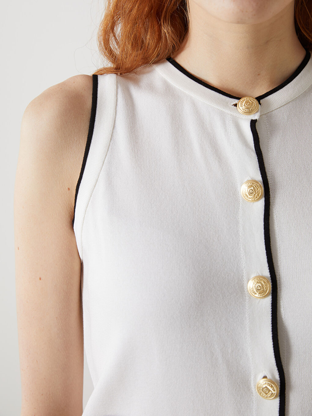 Ekru Bisiklet Yaka Kadın Triko Yelek-2