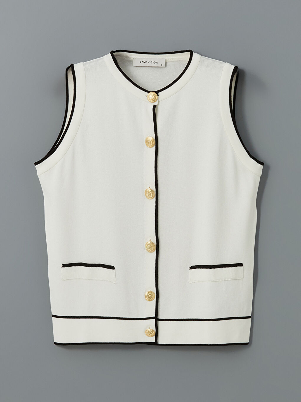 Ekru Bisiklet Yaka Kadın Triko Yelek-4