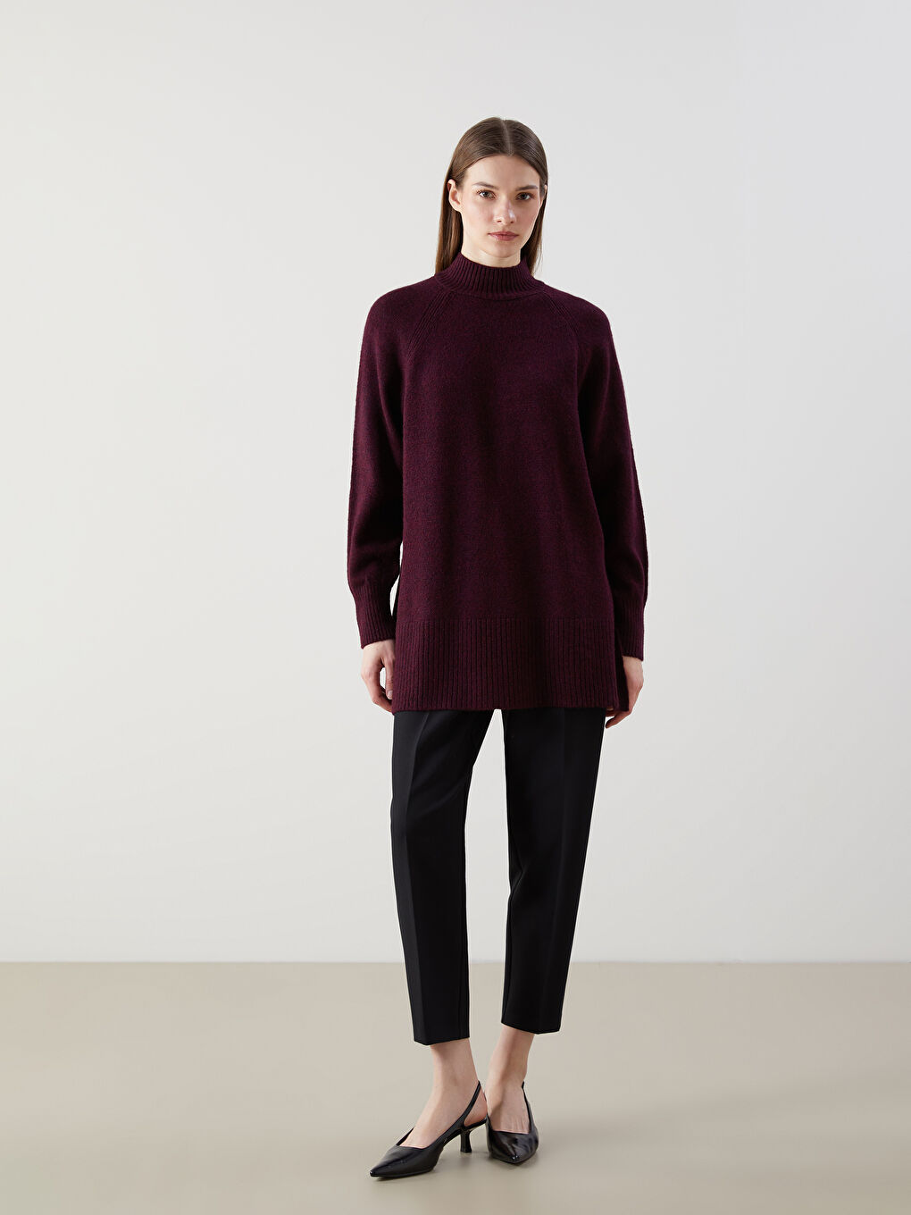 Mor Dik Yaka Oversize Kadın Triko Tunik-1