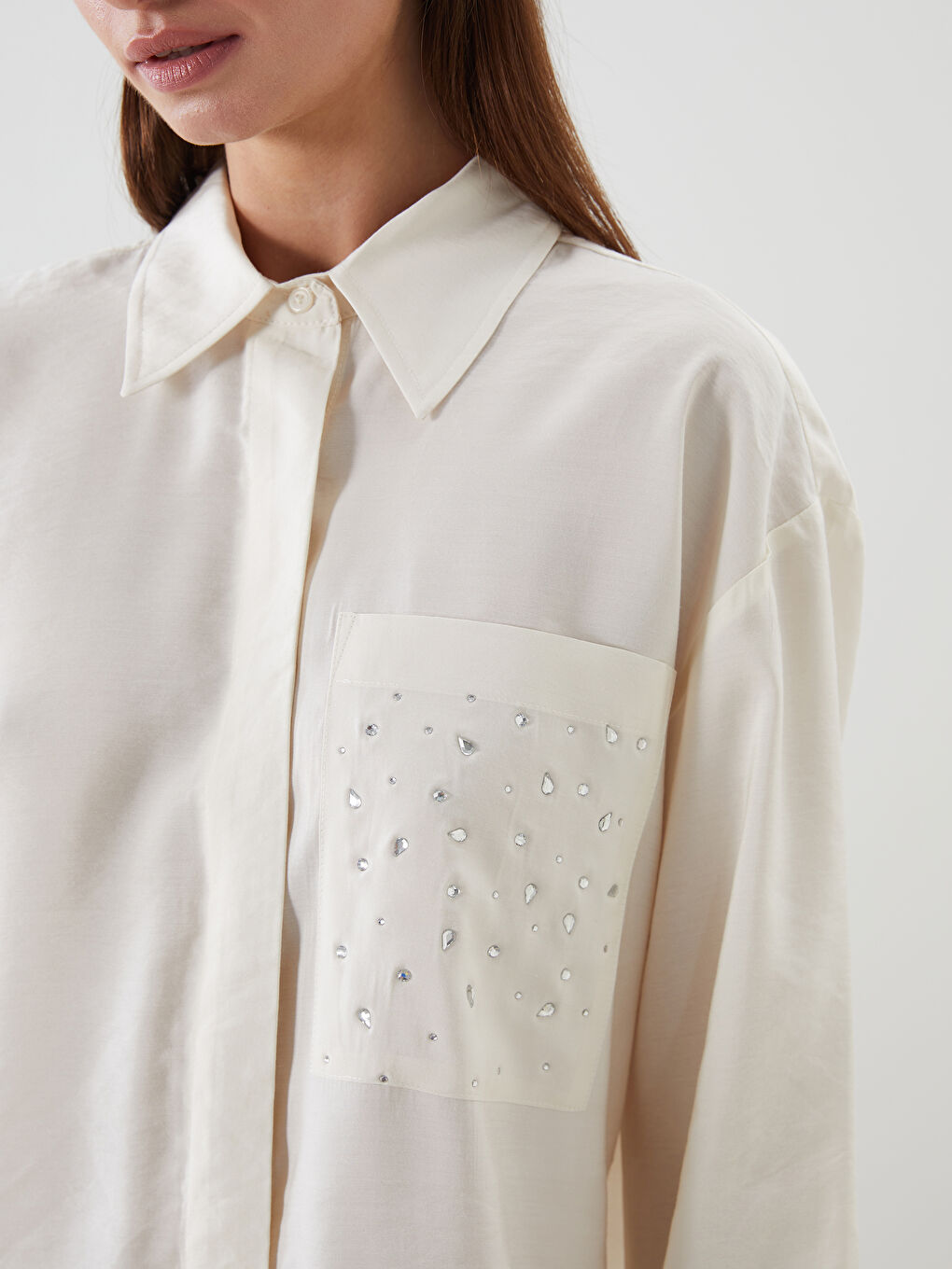 Ekru Taşlı Modal Karışımlı Kadın Gömlek Tunik-2