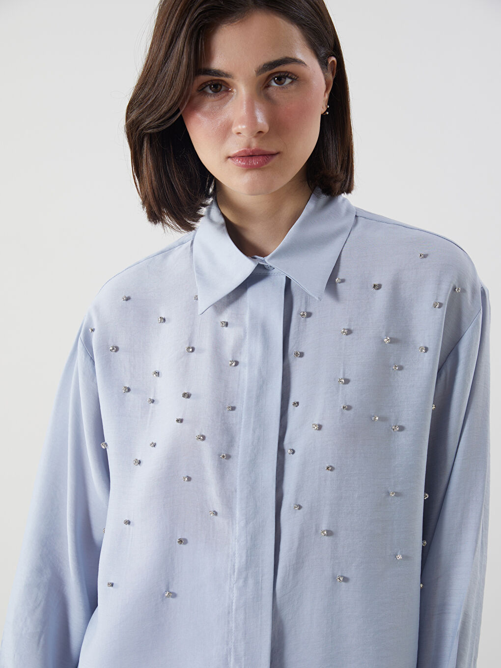 Mavi Taşlı Oversize Kadın Gömlek Tunik