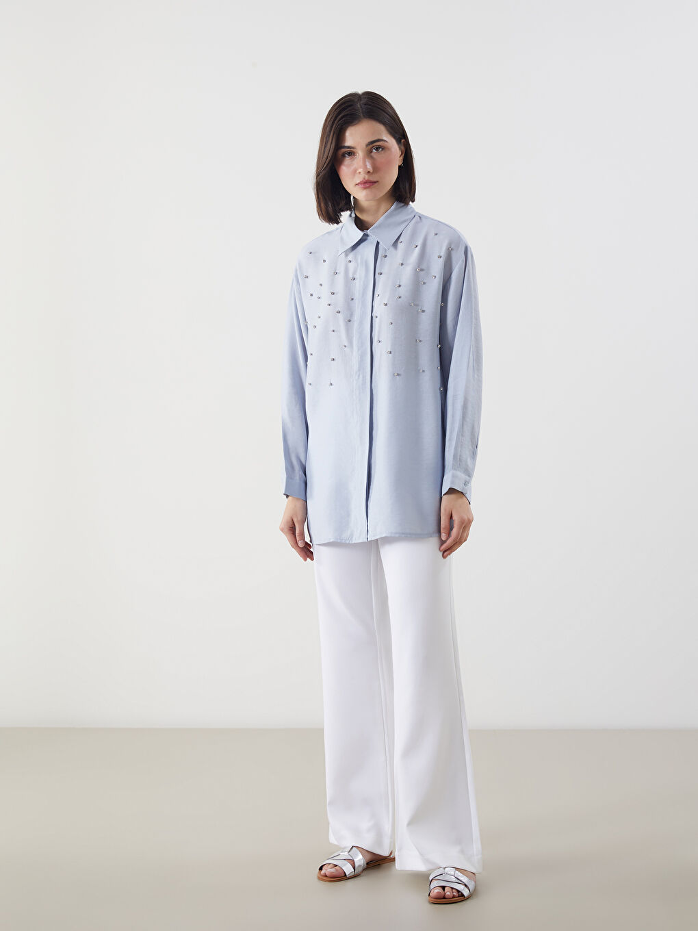 Mavi Taşlı Oversize Kadın Gömlek Tunik-1