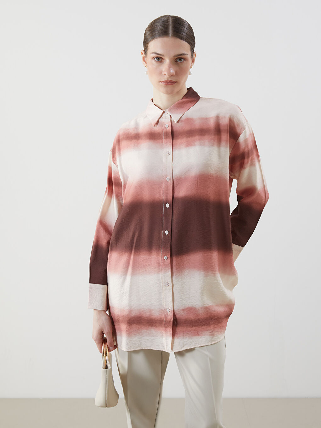 Turuncu Renk Bloklu Kadın Gömlek Tunik