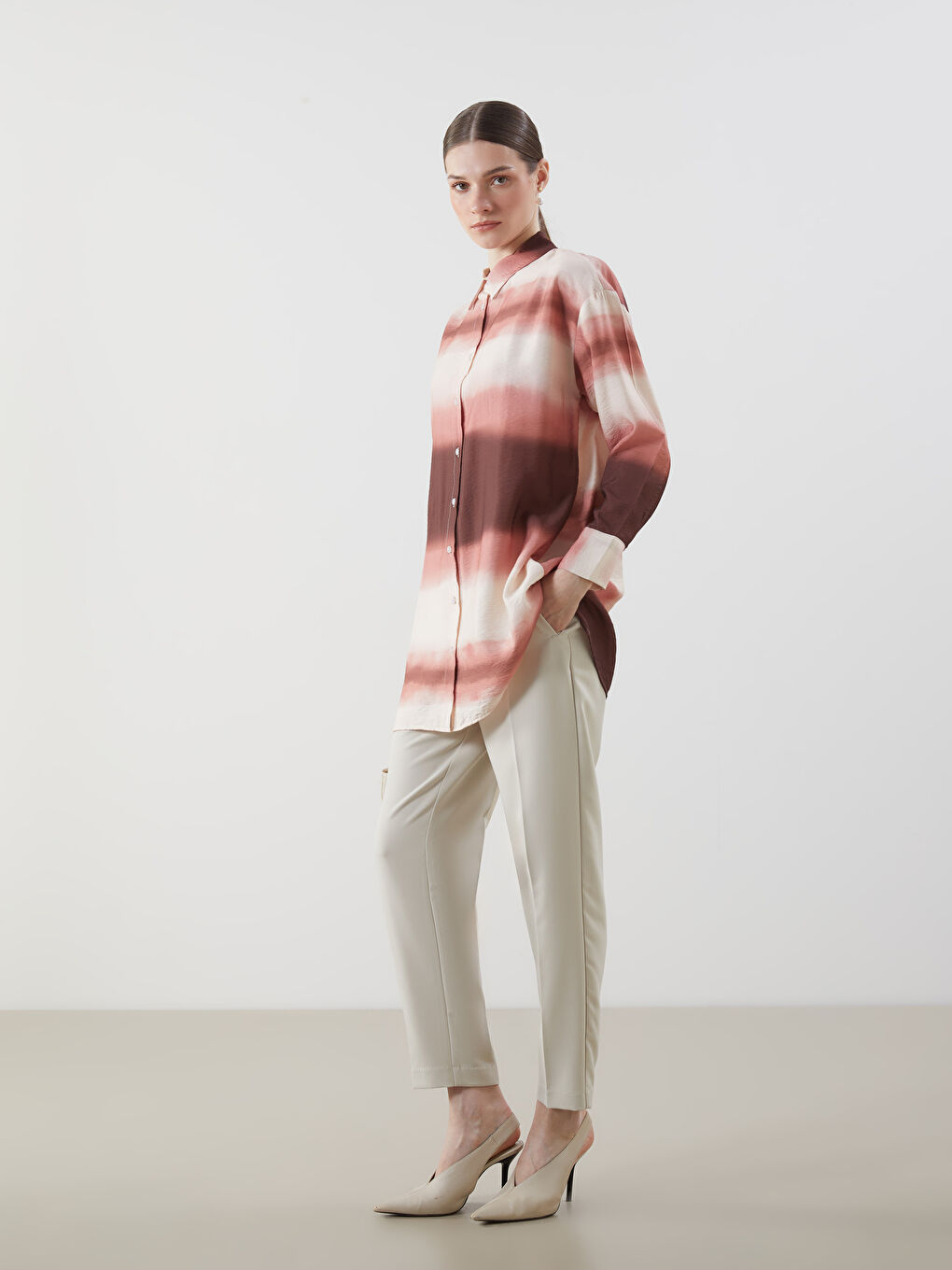 Turuncu Renk Bloklu Kadın Gömlek Tunik-1