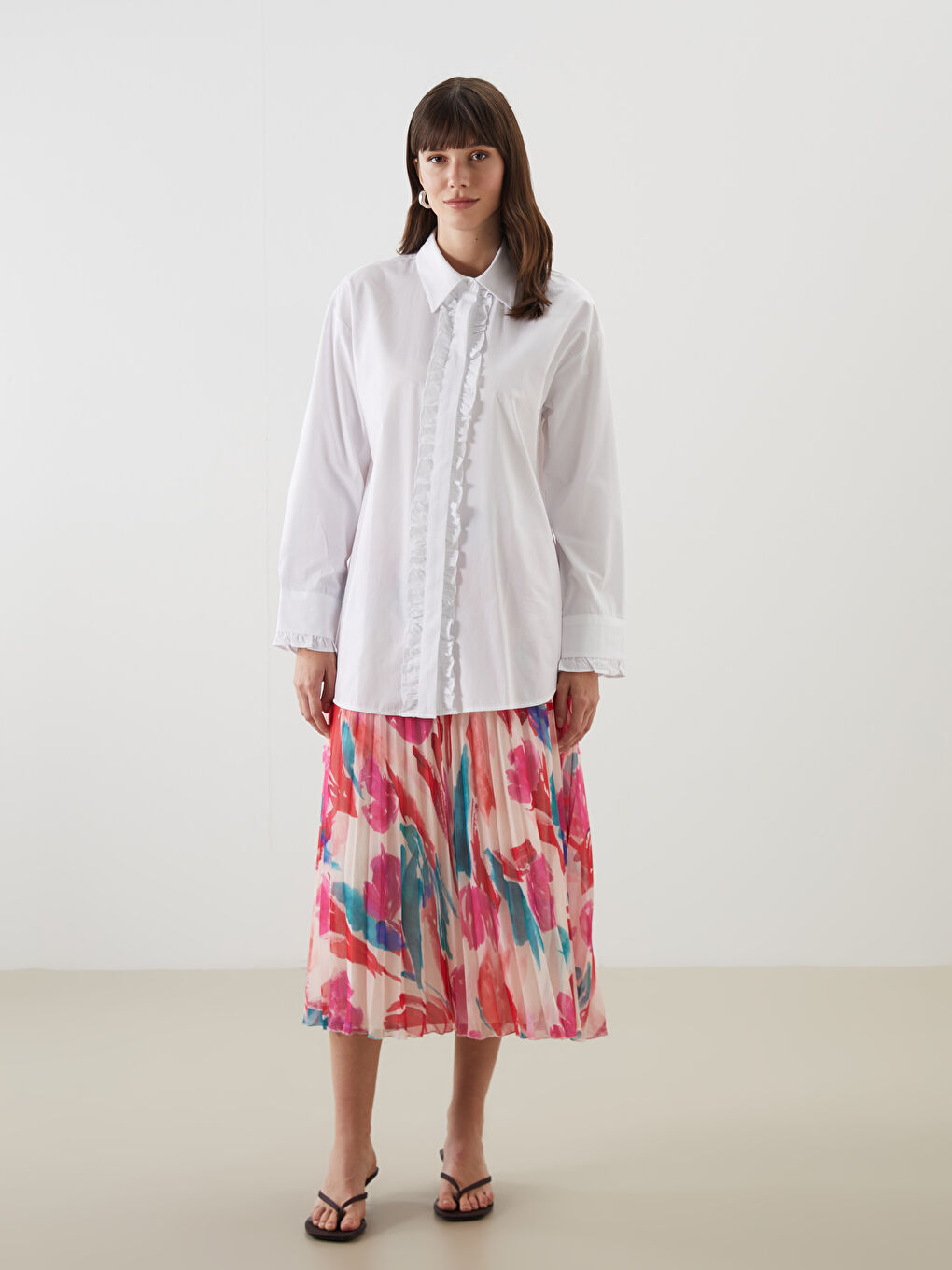 Ekru Fırfır Detaylı Poplin Kadın Gömlek Tunik-2