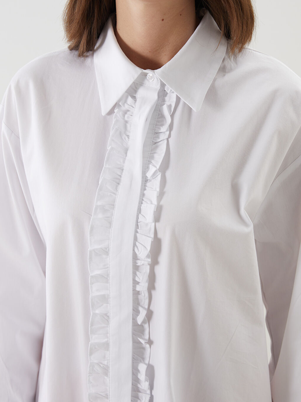 Ekru Fırfır Detaylı Poplin Kadın Gömlek Tunik-4