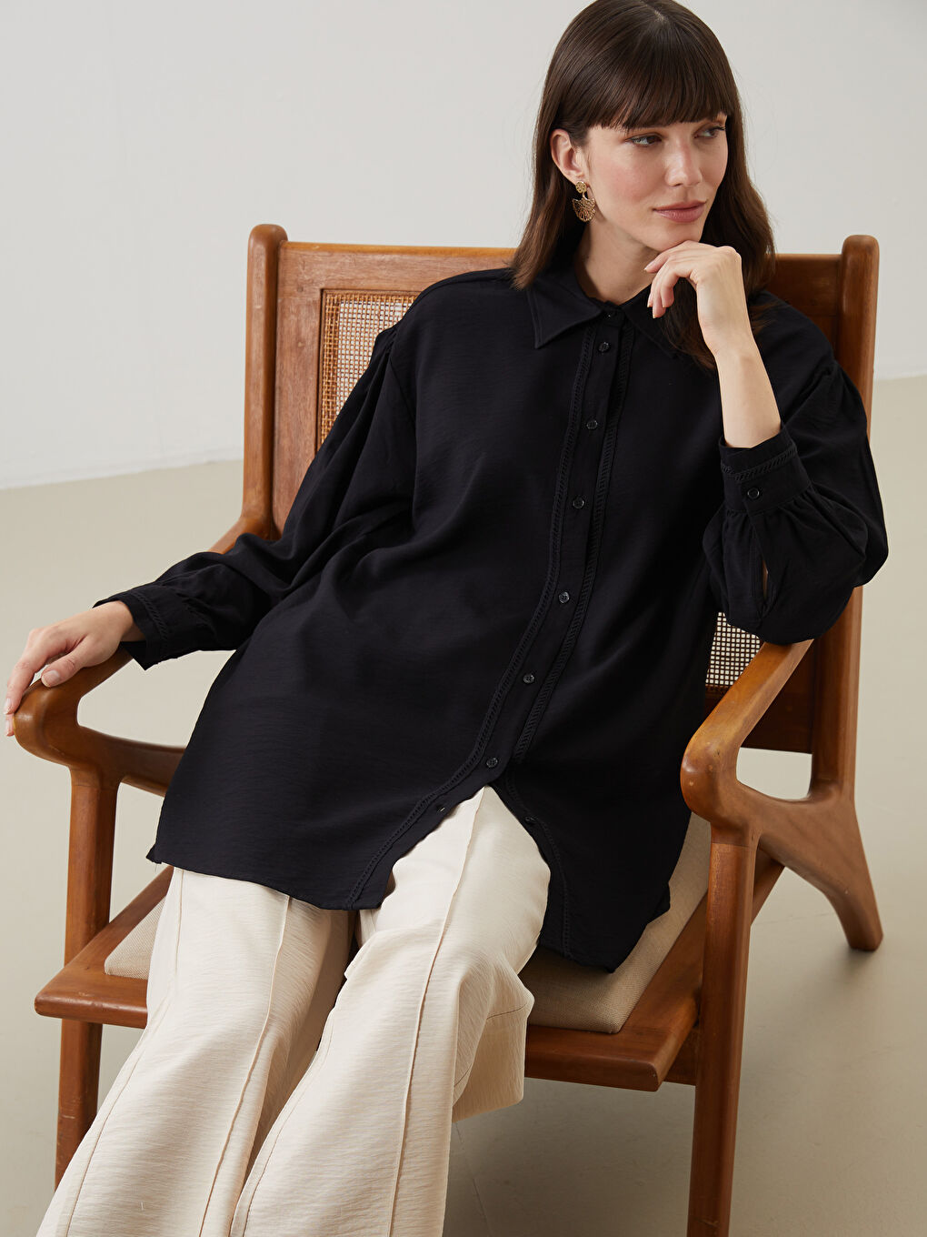 LCW Modest Siyah Oversize Kadın Gömlek Tunik