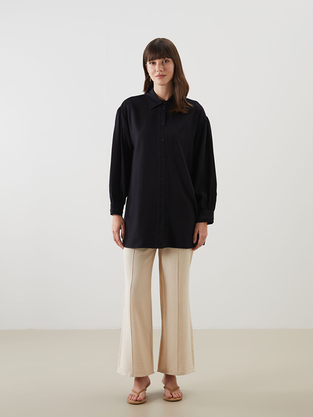 LCW Modest Siyah Oversize Kadın Gömlek Tunik - 1