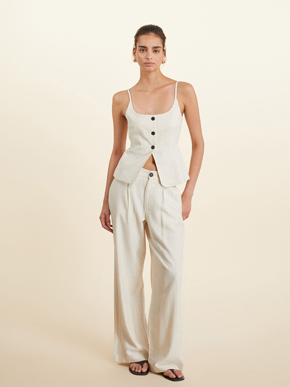 Bej Çizgili Keten Karışımlı Kadın Klasik Yelek-1