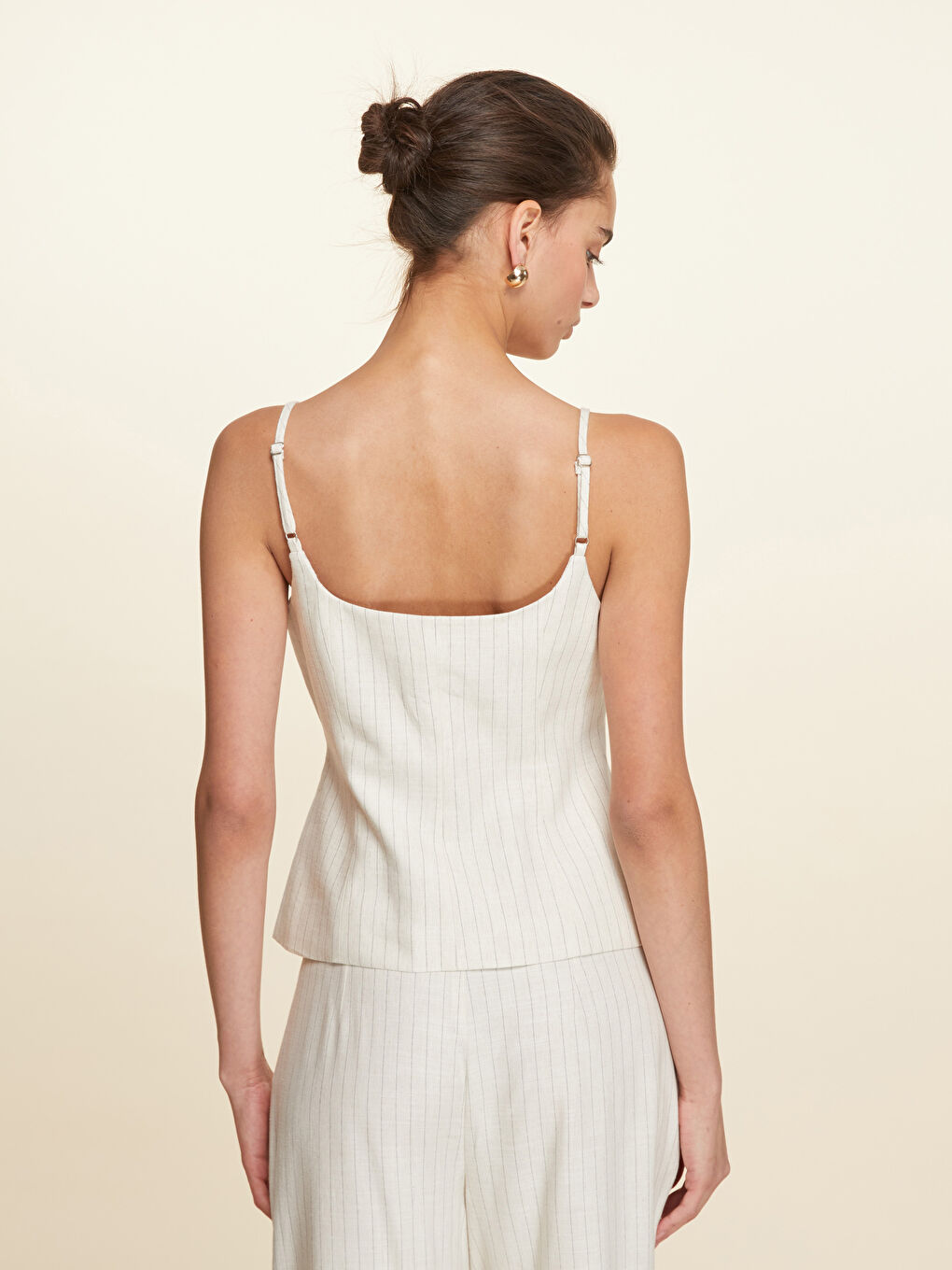 Bej Çizgili Keten Karışımlı Kadın Klasik Yelek-3