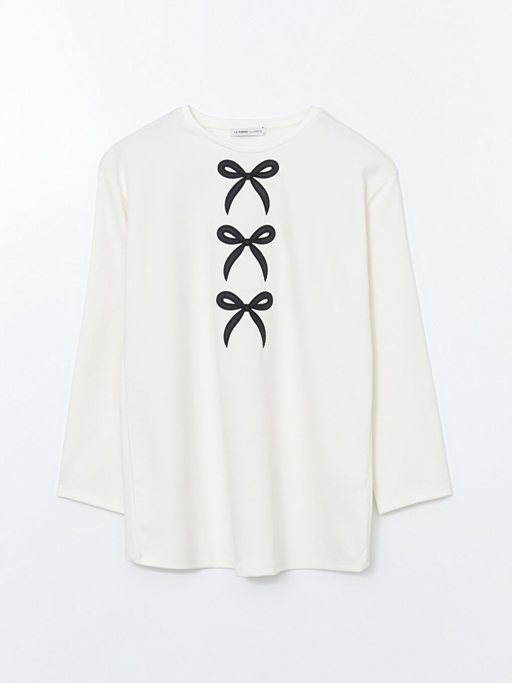 Ekru Bisiklet Yaka Kurdele Baskılı Kadın Tunik-4