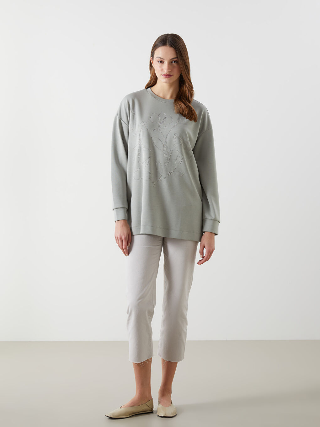 Haki Bisiklet Yaka Kadın Sweatshirt Tunik-1