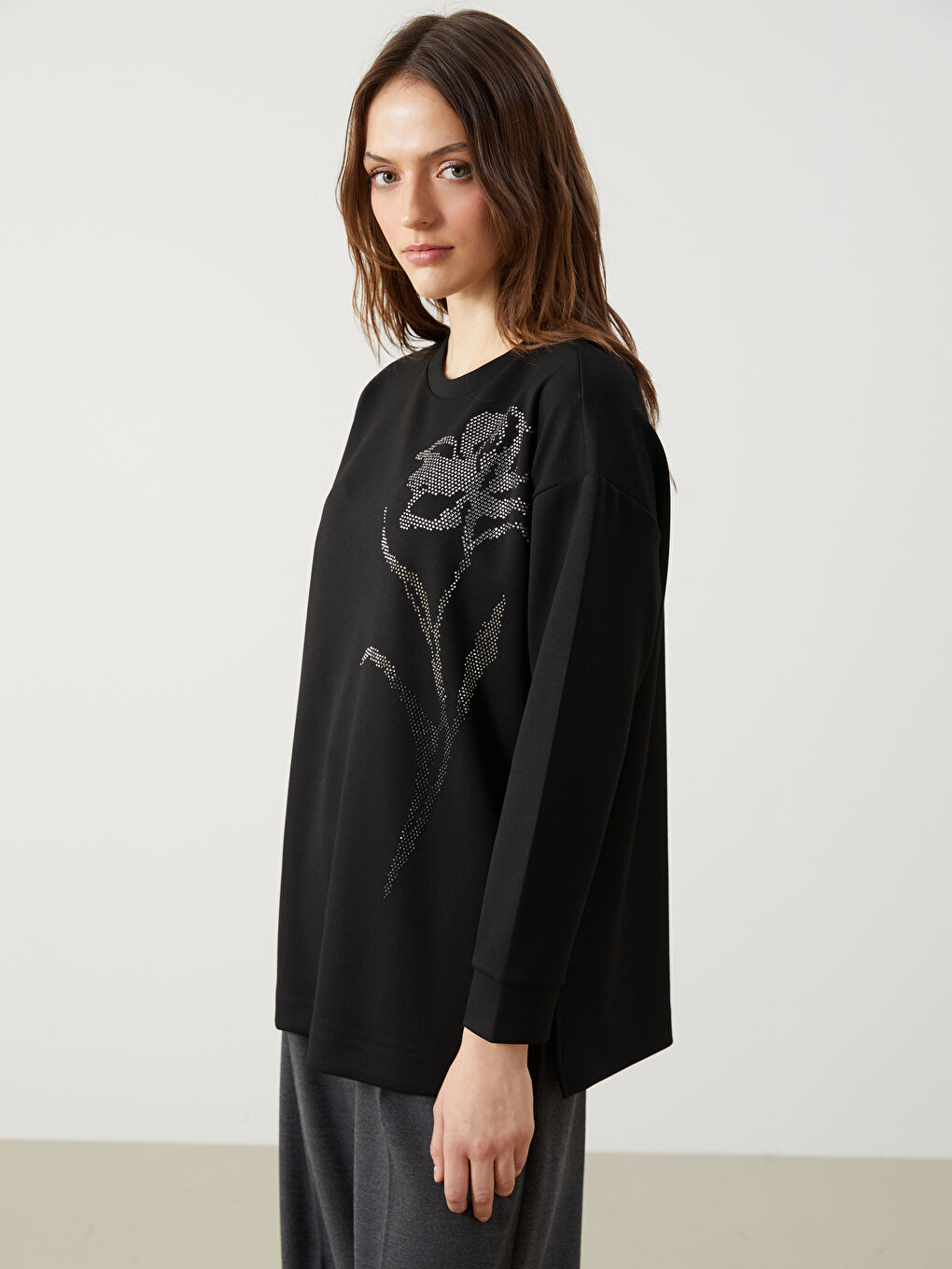 Siyah Taşlı Oversize Kadın Sweatshirt Tunik