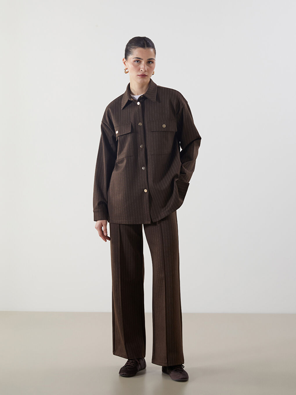 Bej Çizgili Oversize Kadın Gömlek Ceket-1