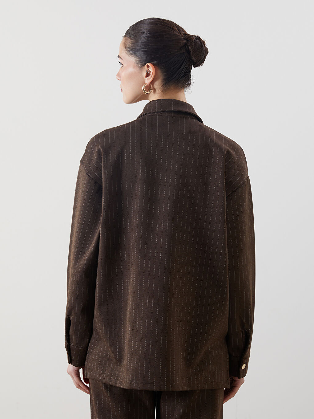 Bej Çizgili Oversize Kadın Gömlek Ceket-3